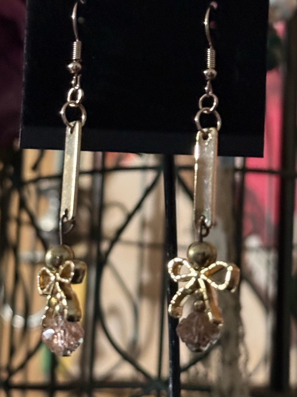 Handmade 🎀 Gold Bow Drop Earrings with Pink Crystal Czech Bead - Women Jewelry